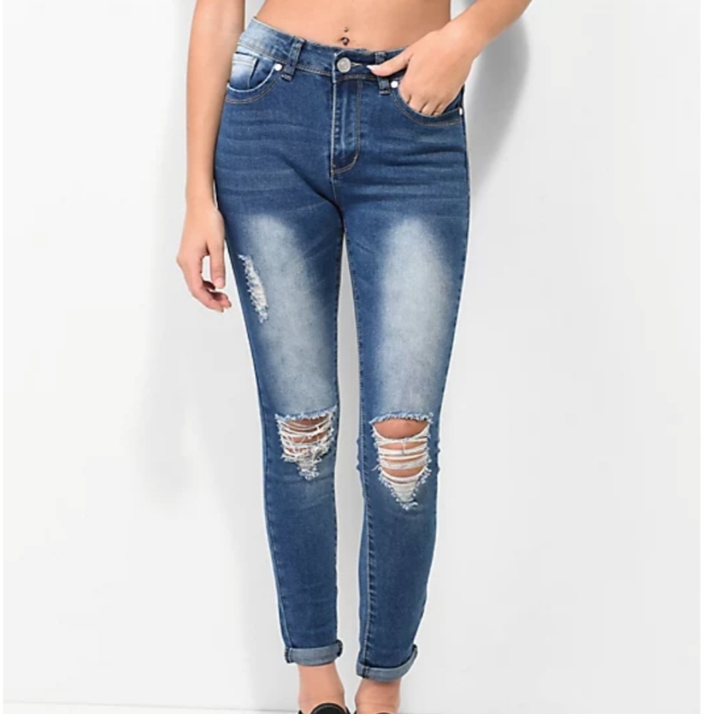 Zumiez Thrill Jeans High Rise Distressed Blue Skinny Jeans
